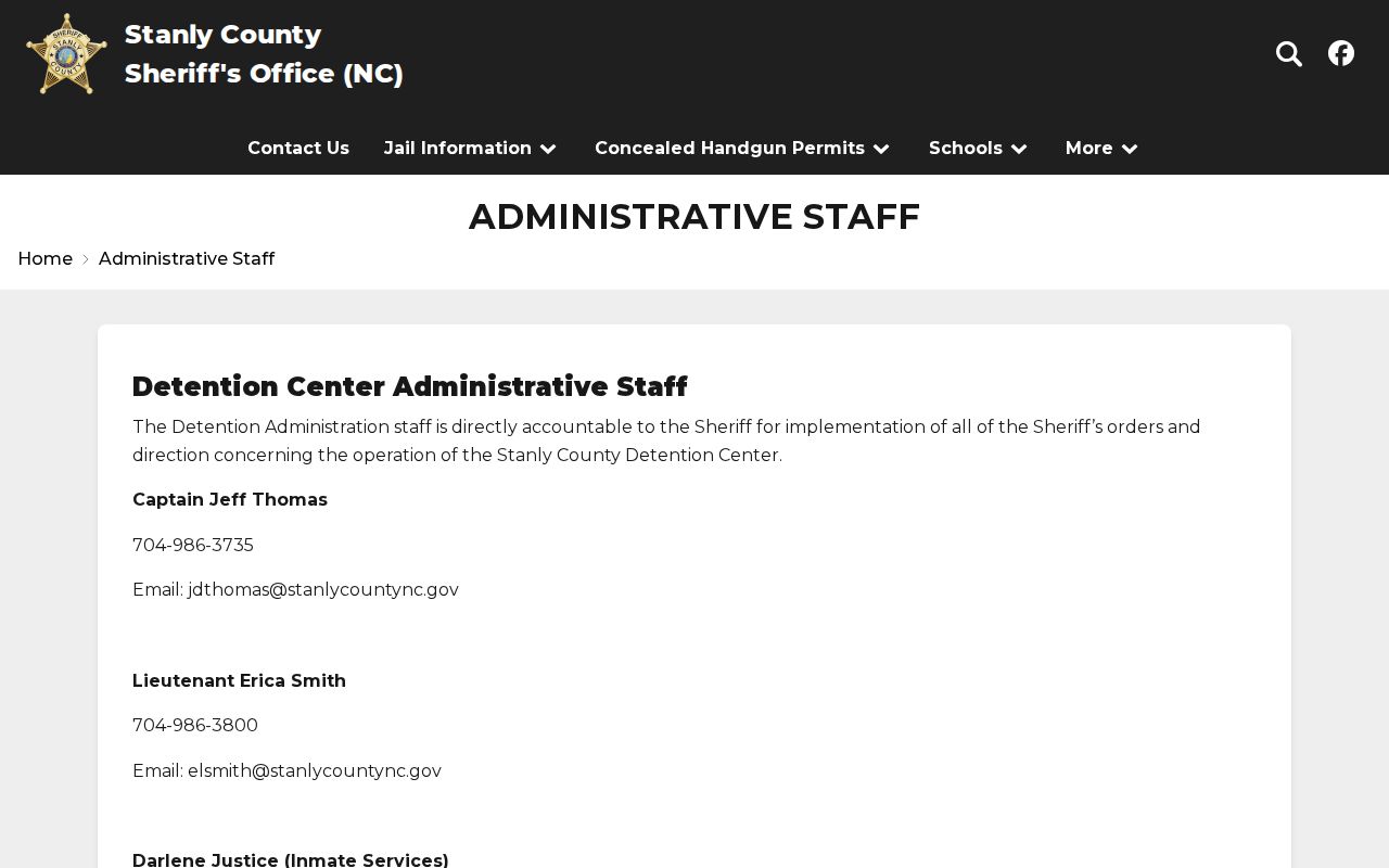 Stanly County arrest booking administration and detention capacity