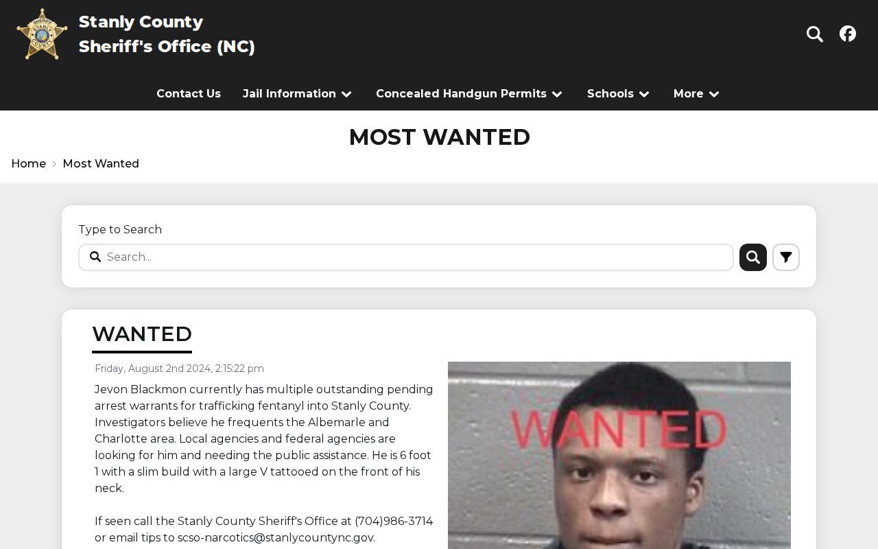 Stanly County criminal warrant Most Wanted interface
